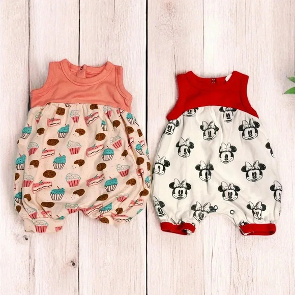 Finn+Emma 2Pk Girls Bubble Romper Disney Minnie & Sweet Treats 6-9 Months EUC - Picture 1 of 9